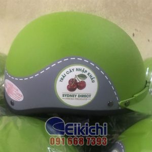 Mẫu nón bảo hiểm xanh lá phối tím tri ân khách hàng của cửa hàng trái cây SYDNEY DIRECT
